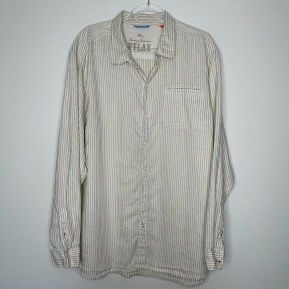 Tommy Bahama Relax Button up Shirt 2XL Striped 100% Linen White Tan - Picture 1 of 11